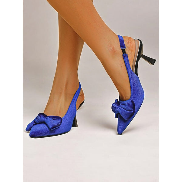 Bow Toe Blue with Heels Pointed Women's Slingback Velvet FashionChic