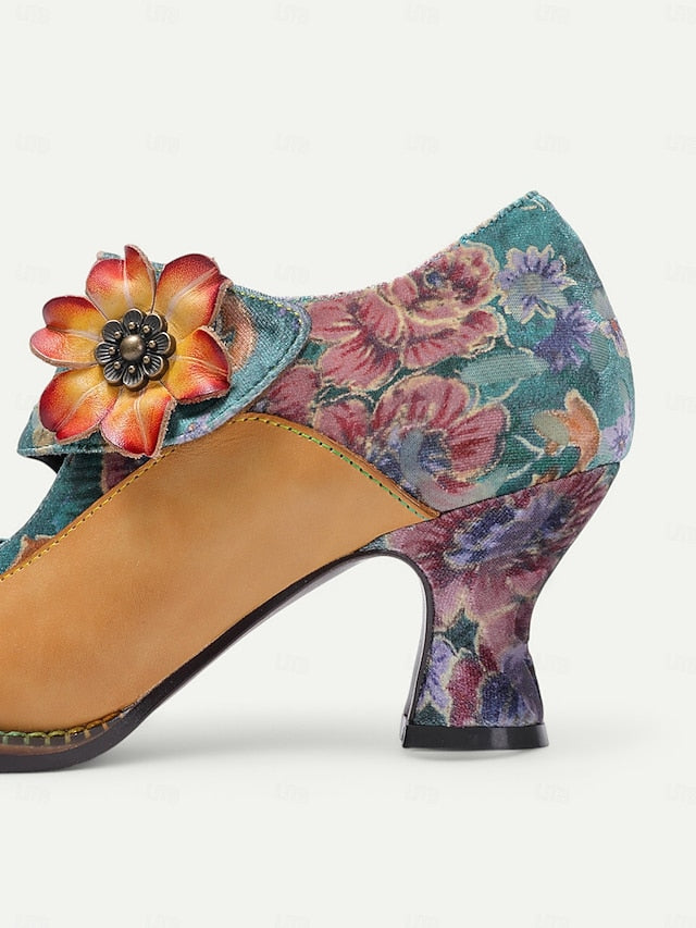 Floral Women's Leather Mary – Jane Vintage Heels 1930s FashionChic