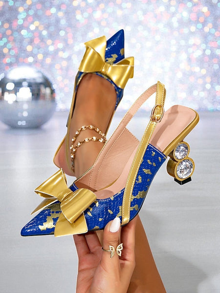 Pumps Bow and Gold Heel Blue Slingback Women's High - FashionChic