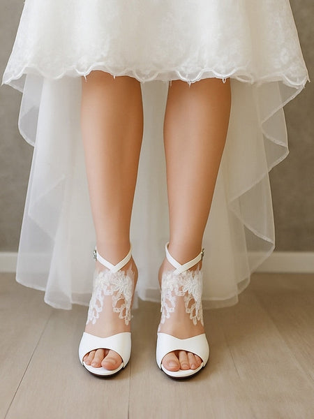 - Lace Sandals Heel with Women's Block Ankle Strap White FashionChic