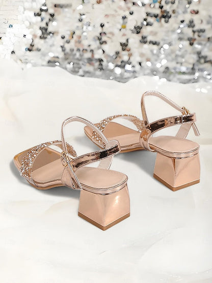 for Block Women Heel Wedding – Sandals Rhinestone Gold Elegant FashionChic