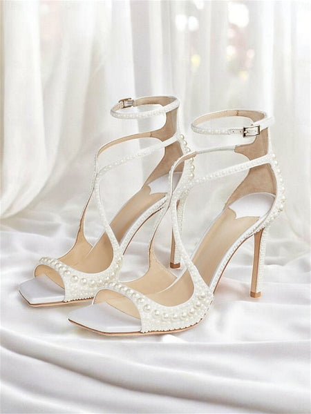 with Sandals White Ankle Open-Toe Pearl-Embellished Stiletto FashionChic