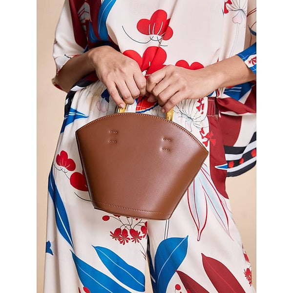 Brown Bamboo Leather Bucket Bag Handle with Women's FashionChic