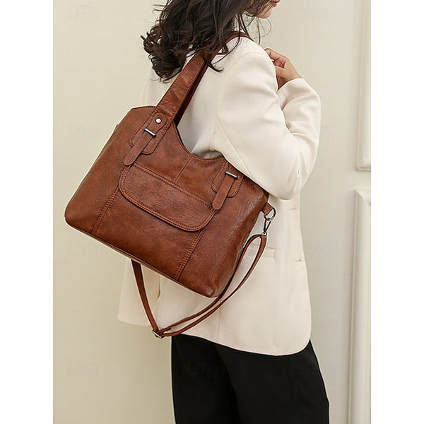 Brown Faux Bag Women's Leather Tote with Vintage Dual FashionChic