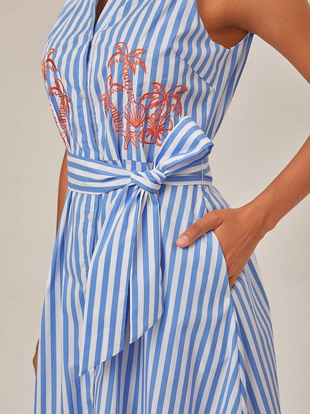 Summer Striped Embroidered Sleeveless Mid-length Dress