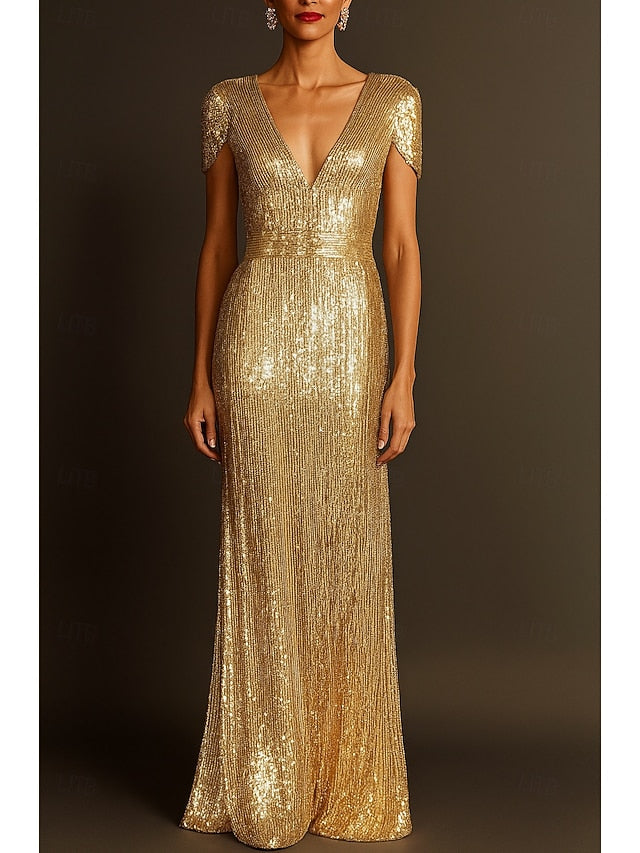 Column Wedding Elegant Gold Evening Gown Dress Black Formal FashionChic