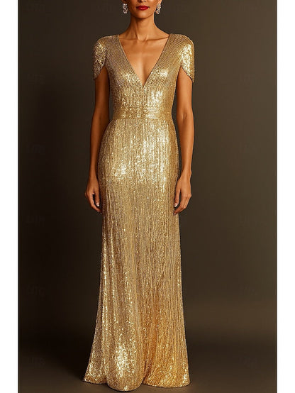 Column Wedding Elegant Gold Evening Gown Dress Black Formal FashionChic