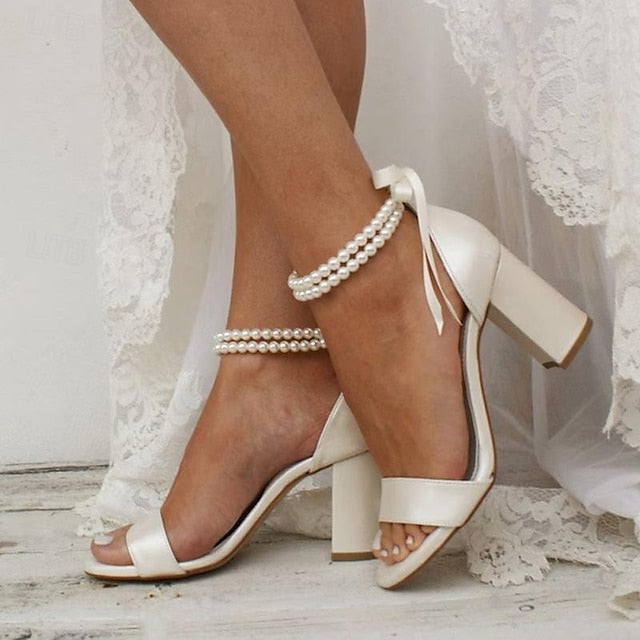 Heels Wedding Pearl Anklet Satin and Block Sandals - White with FashionChic