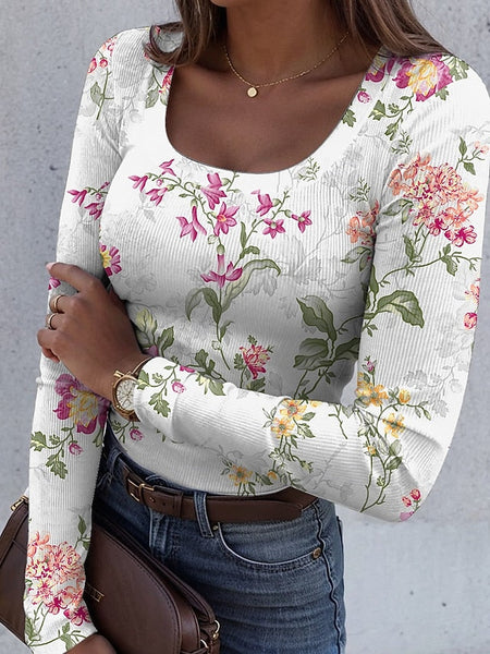 Women's T shirt Long Sleeve Ribbed Graphic Square Neck Long FashionChic