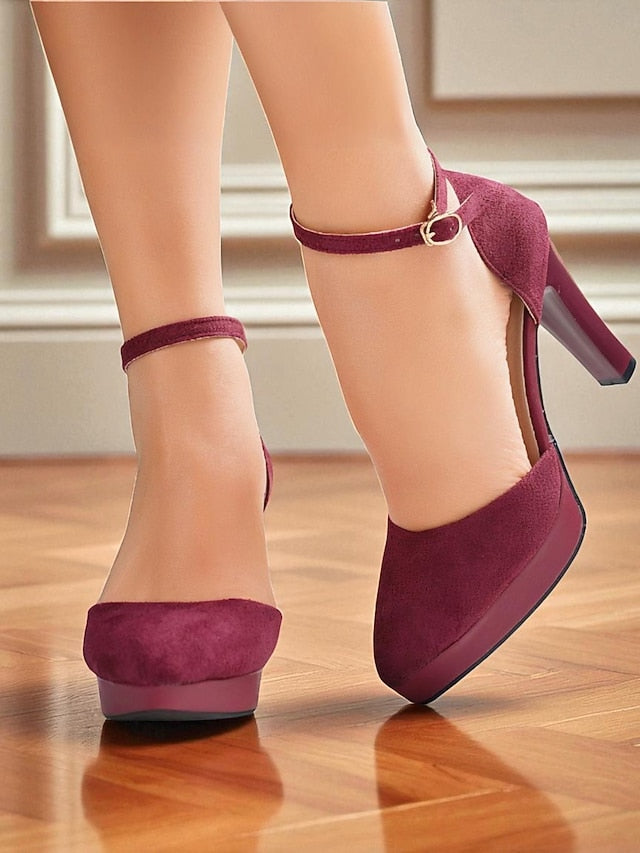 High Heel 1950s Women's Strap Burgundy Ankle Suede Platform FashionChic