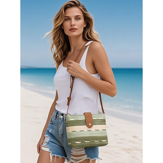 Woven with Women's Colorblock Straw Striped Brown Tote Bag FashionChic