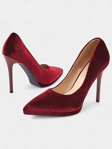 Heel Velvet Stiletto Women's and Pumps Burgundy with FashionChic
