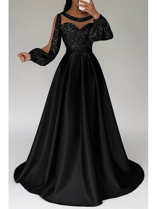 Elegant Evening Gown Black A-Line Sequined Red Dress Formal FashionChic