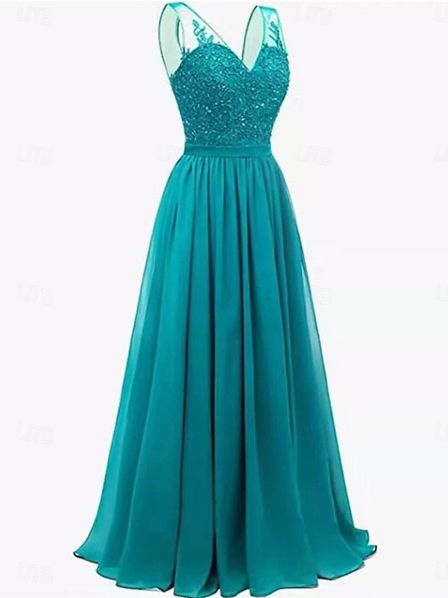 the Neck Dress Simple Floor V Elegant Mother A-Line Bride of FashionChic
