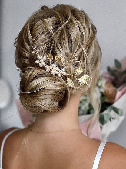 Leaf Faux Pearls Accessory Bridal Hair with Set and Silver Gold FashionChic