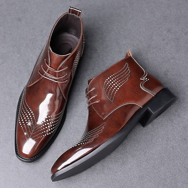 Wingtip Glossy Brogue Burgundy Leather Men's Ankle Faux FashionChic