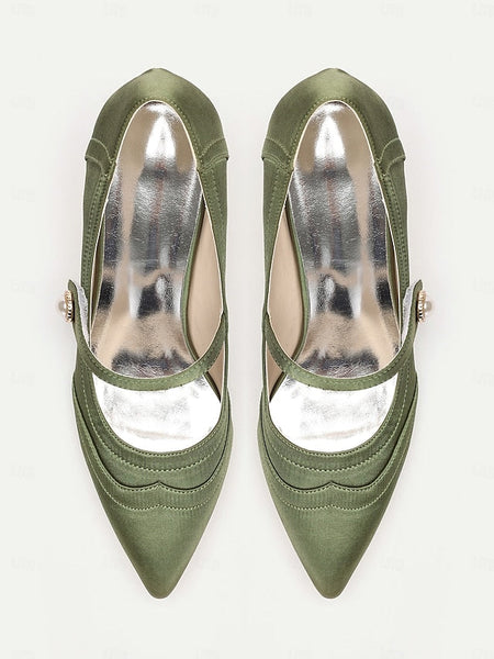 Heels Jane Satin Green Button Pearl - with Elegant Mary FashionChic