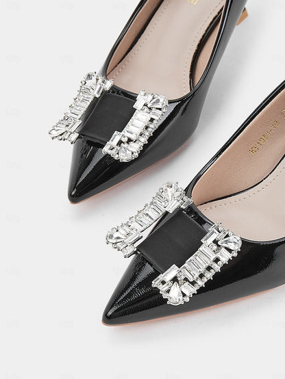 Black Patent with Leather Women's Embellished Crystal Pumps FashionChic