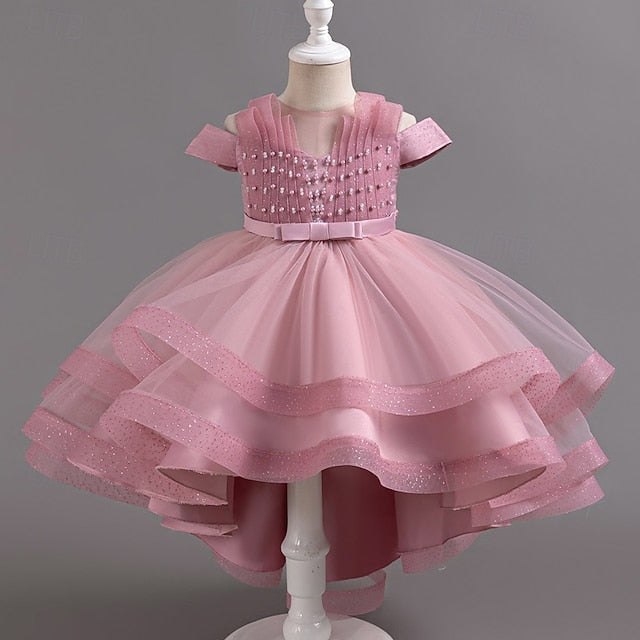 Girls' Dress Party Kids Color Wedding Sleeve Short Solid FashionChic