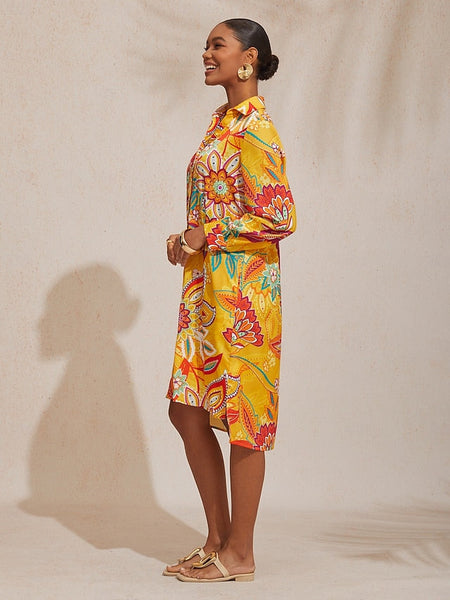Vacation Yellow Paisley Print Straight Fit Satin Shirt Dress FashionChic
