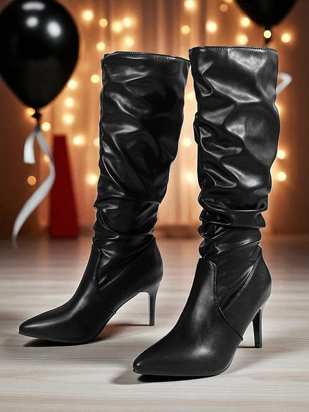 Women's Leather High Brown Pointed Knee Toe Faux Boots - FashionChic