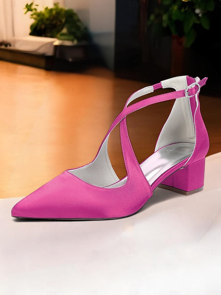 Women's Block Satin Pointed - Heels Ivory Elegant Toe FashionChic