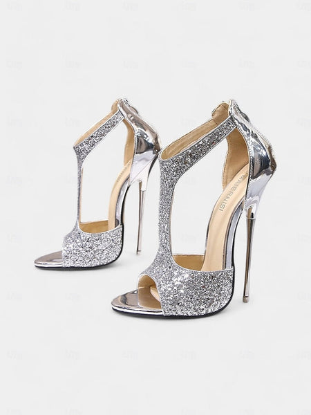 Glitter Stiletto Gold for with Toe Heels T-Strap and Design Open FashionChic