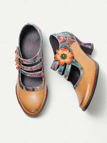 Floral Women's Leather Mary – Jane Vintage Heels 1930s FashionChic