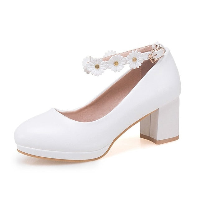 Girls' Daisy with Dress Flower Shoes Ankle Heel White Block FashionChic