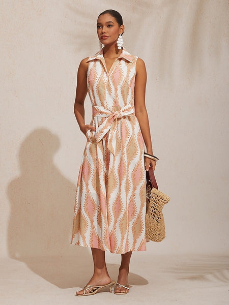 A Line Maxi Dress Shirt Collar Belted Pocket Vacation