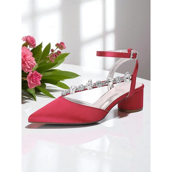 Purple Heel Pumps Women's Satin Block with Rhinestone FashionChic