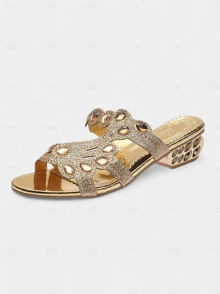 – and Crystal with Embellishments Gold Open-Toe Sandals Blue FashionChic