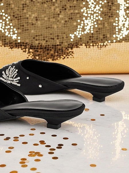 with Rhinestone Toe Pointed Mules Satin Black Women's FashionChic