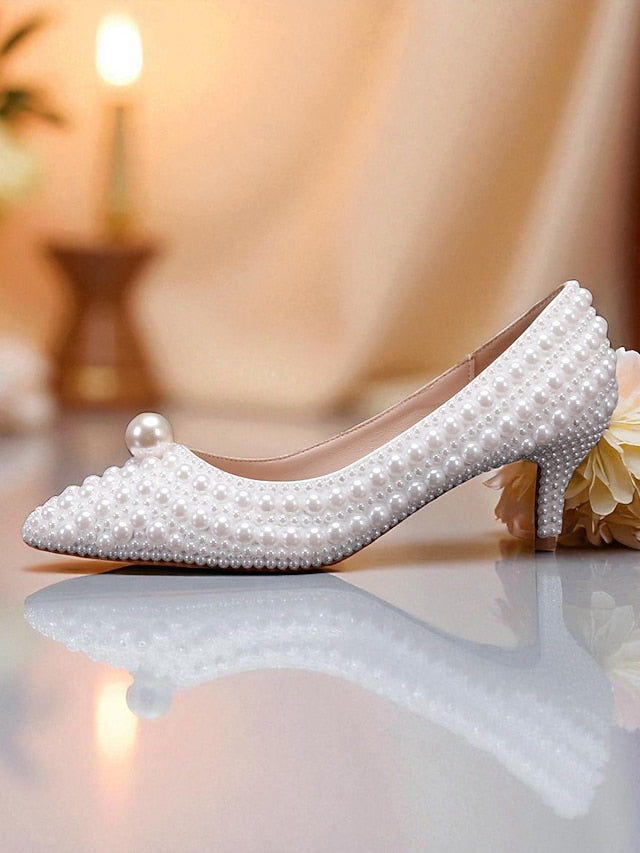 Heel Matching Kitten and Pearl-Embellished Pumps Women's FashionChic