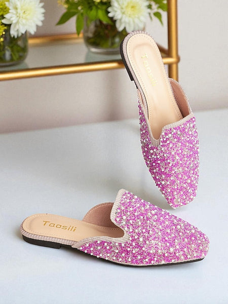 - and Women's Pink Pearl Mules Rhinestone Embellished FashionChic