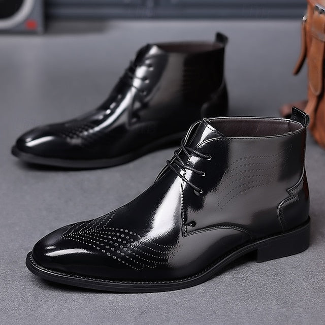 Wingtip Glossy Brogue Burgundy Leather Men's Ankle Faux FashionChic