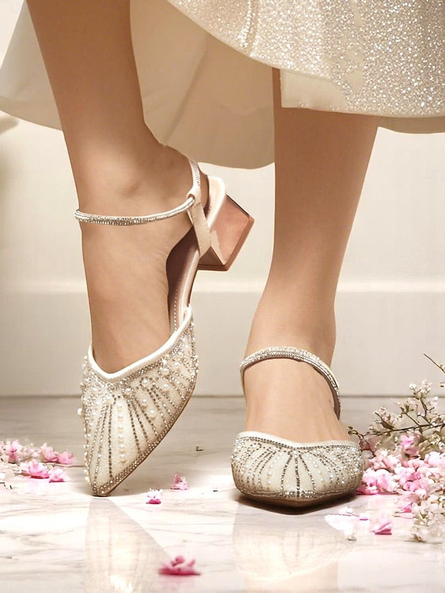 and Pointed Ivory with Toe Pearl Women's Block Heels FashionChic