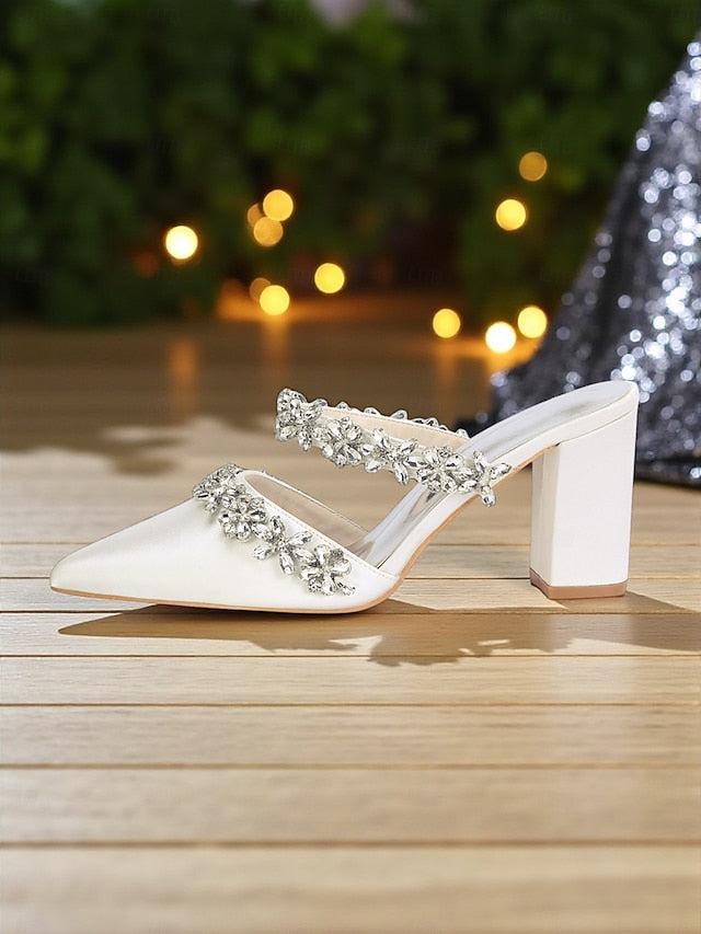 Floral Women's with Satin Block Heel Rhinestone Mules Black FashionChic