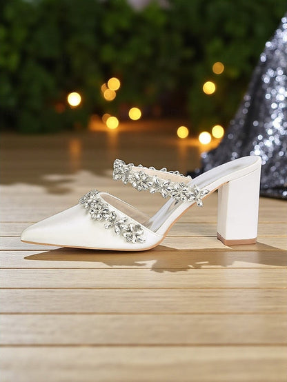 with Heel Mules Satin Floral Block Women's Black Rhinestone FashionChic