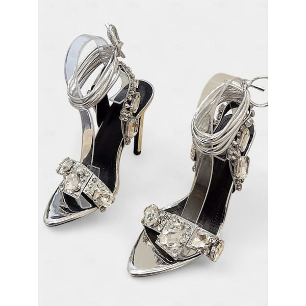 Heels Women's Stiletto with Green Metallic Lace-Up FashionChic