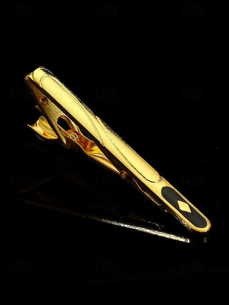 Tie Sleek Black – Clip Elegant Design Inlay for with Gold Men FashionChic