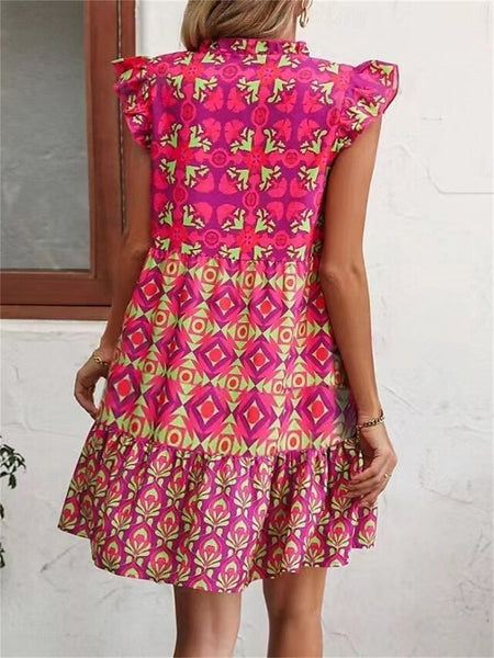 Women's Boho Graphic V Neck Mini Dress Sleeveless Summer
