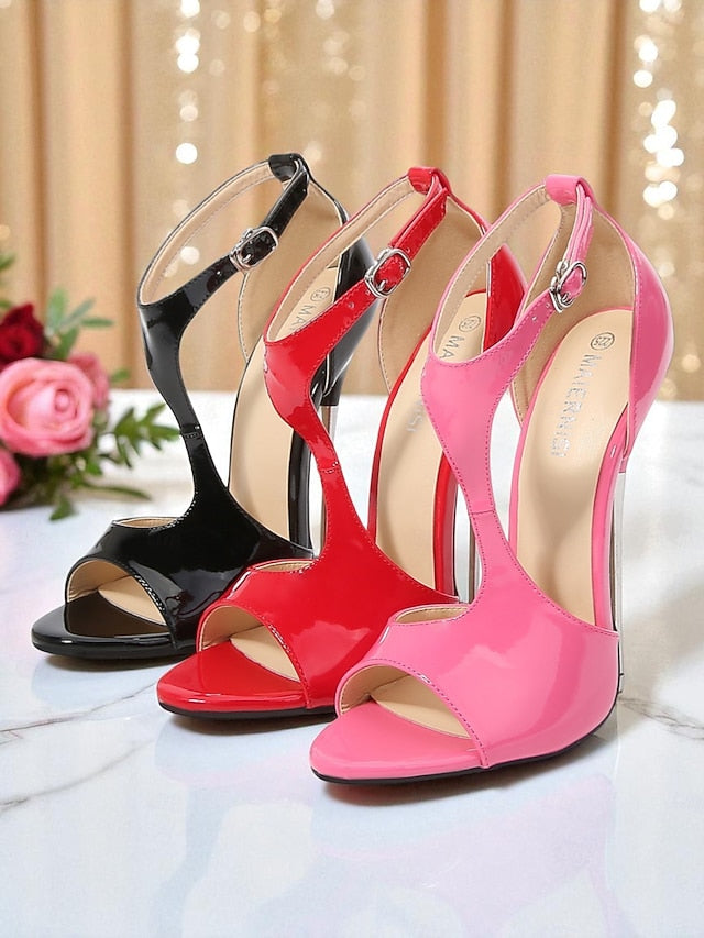 Women's Strappy Red Open Stiletto Heels Leather - Patent FashionChic