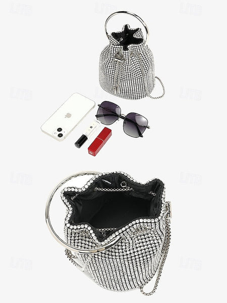 Women's with Rhinestone Metal Bag Silver Bucket Sparkling FashionChic