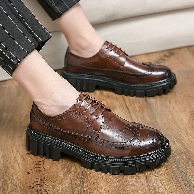 Brogue – Brown Chunky Sole Leather Shoes Faux Men's FashionChic