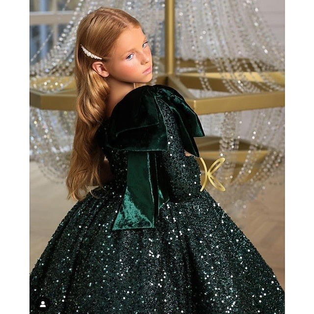 Long Dress Sequins Wedding Party Sequin Girls' Sleeve Kids FashionChic