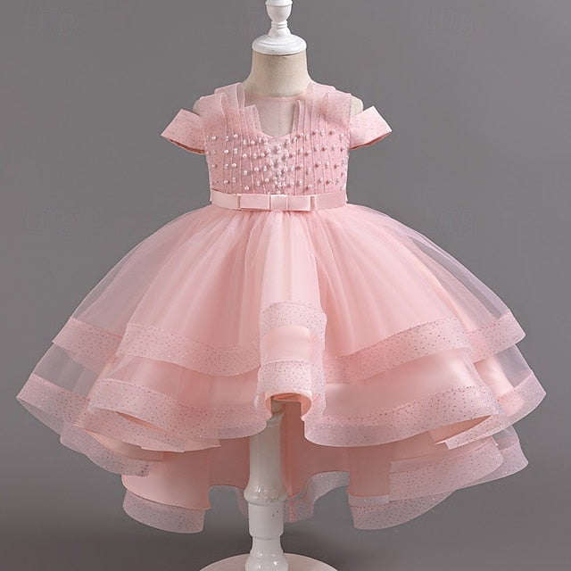 Girls' Dress Party Kids Color Wedding Sleeve Short Solid FashionChic