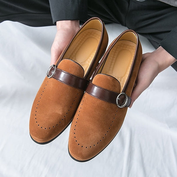 with Loafers Slip-On Suede Buckle Strap Brown Men's Faux FashionChic