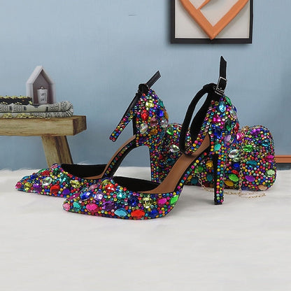 Heel Shoes Multicolor Wedding Women's High with Rhinestone FashionChic
