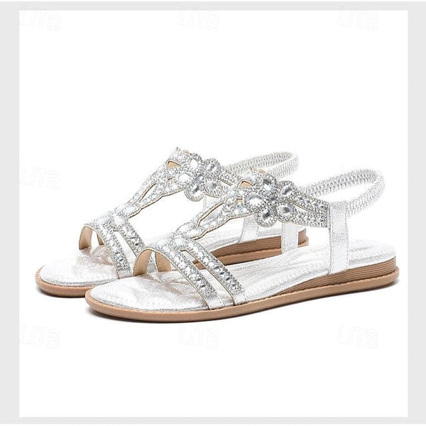 T-Strap Sandals Women's Silver Boho Rhinestone Flat – FashionChic